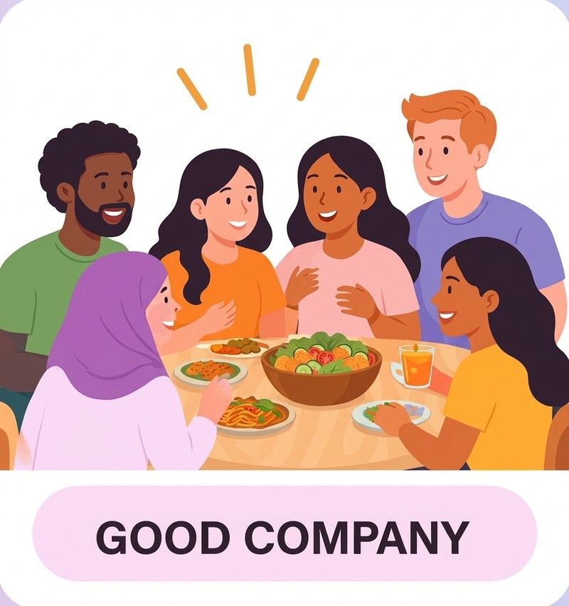 Good Company: neighbors of many backgrounds sharing a meal at a table