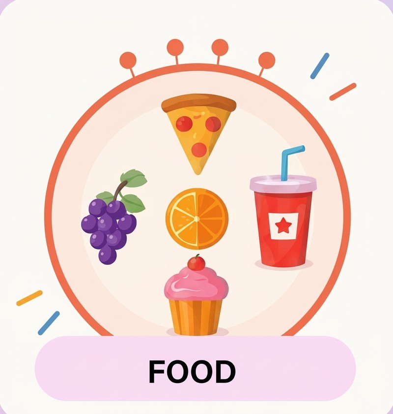 Food: pizza, an orange slice, grapes, a cupcake and a drink